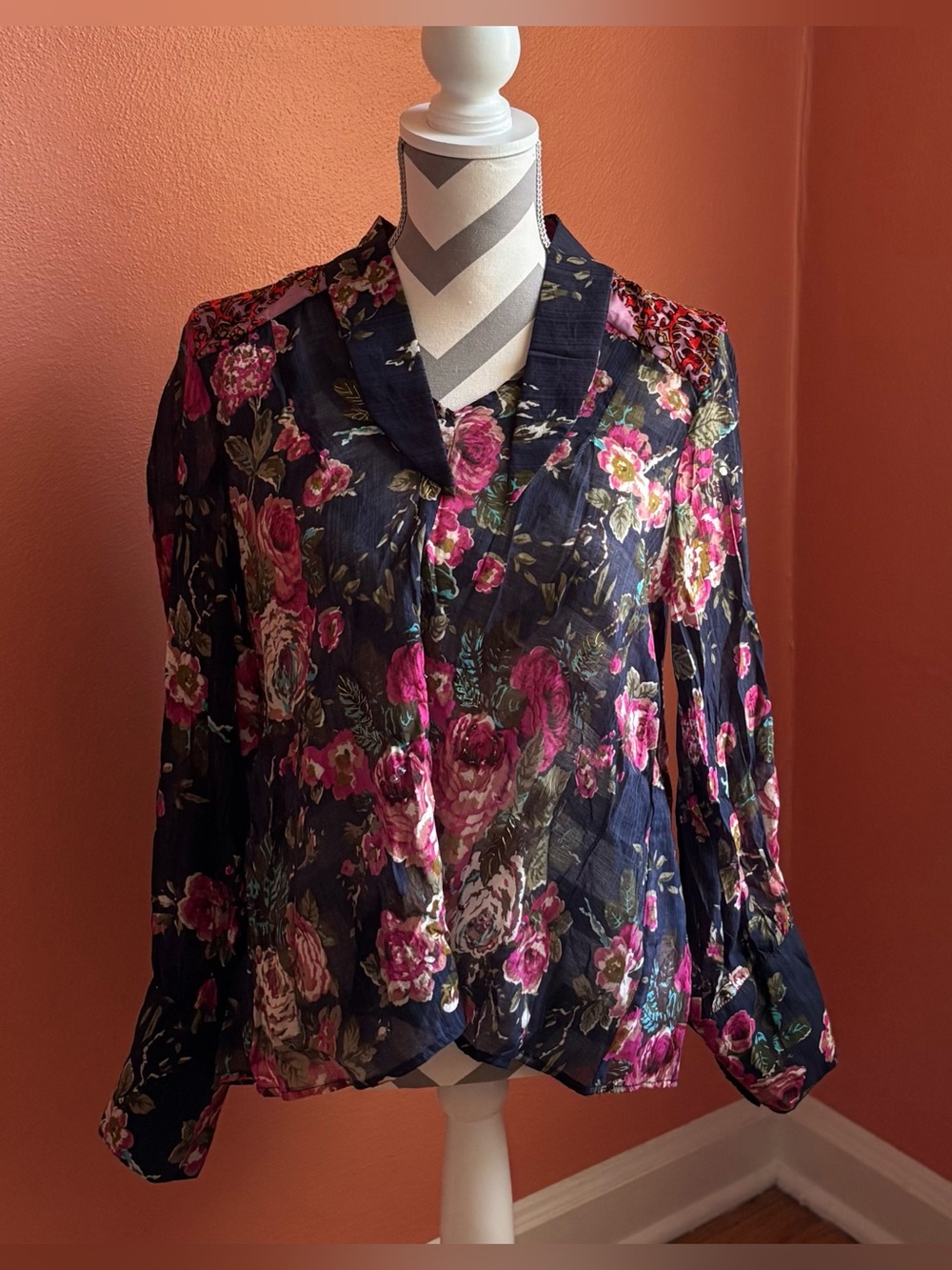 Aratta Silent Journey Sheer Floral Button-Up Blouse in Navy and Pink